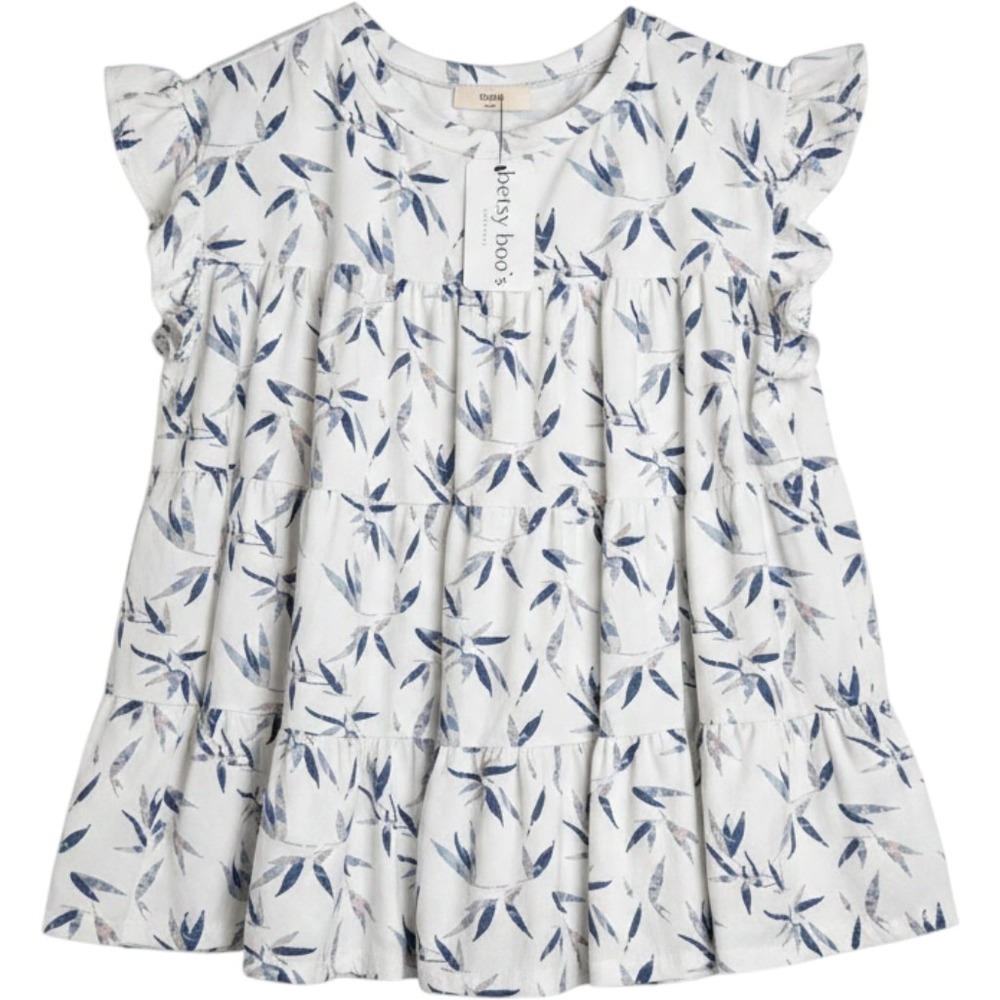 Entro Blue Leaf Print Tiered Babydoll Top Ruffle Cap Sleeve White Large NWT